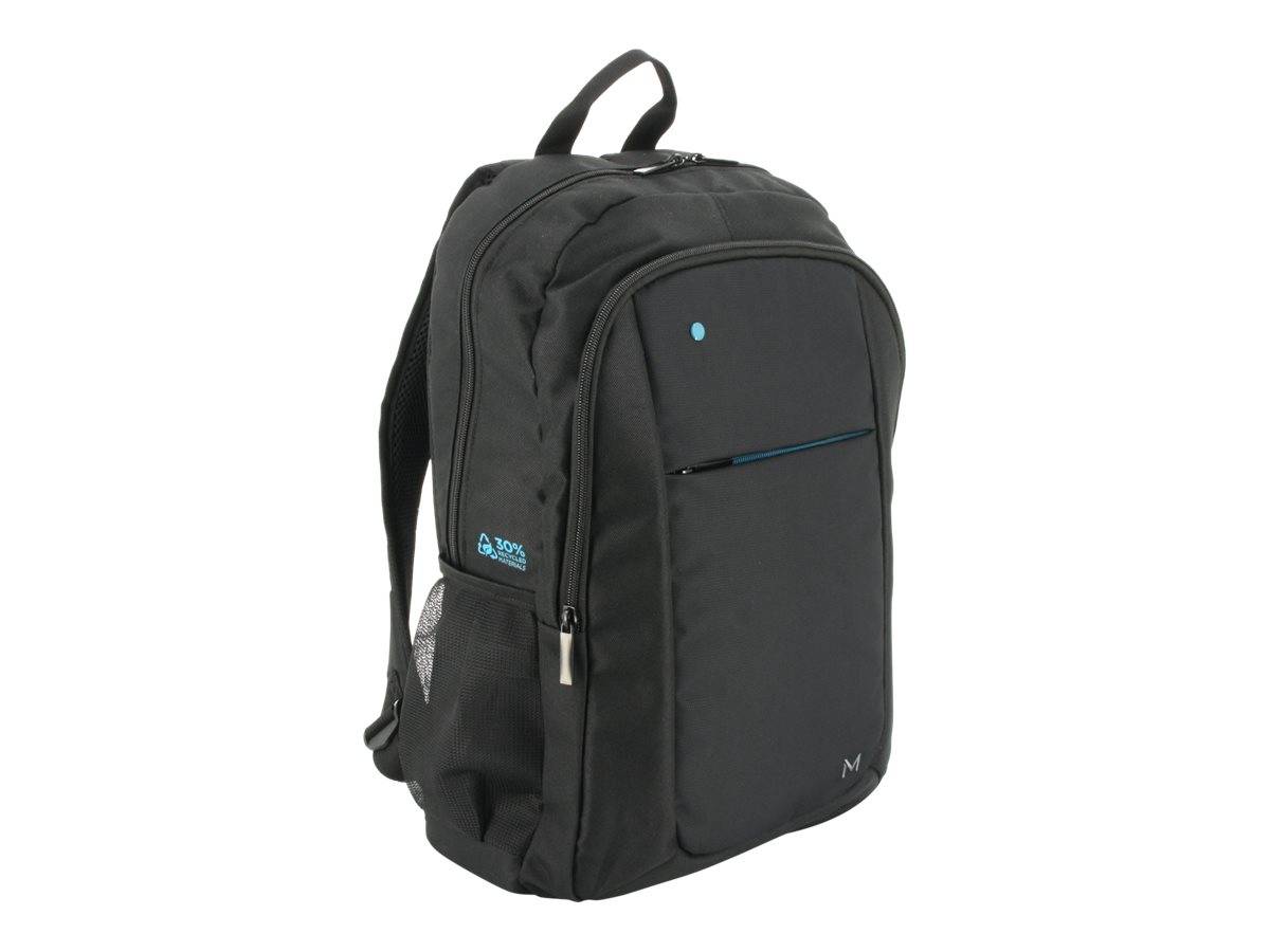 Schwarzer Rucksack mit frontalem Reißverschlussfach, Tragegriff oben und seitlichen Netztaschen auf weißem Hintergrund.
