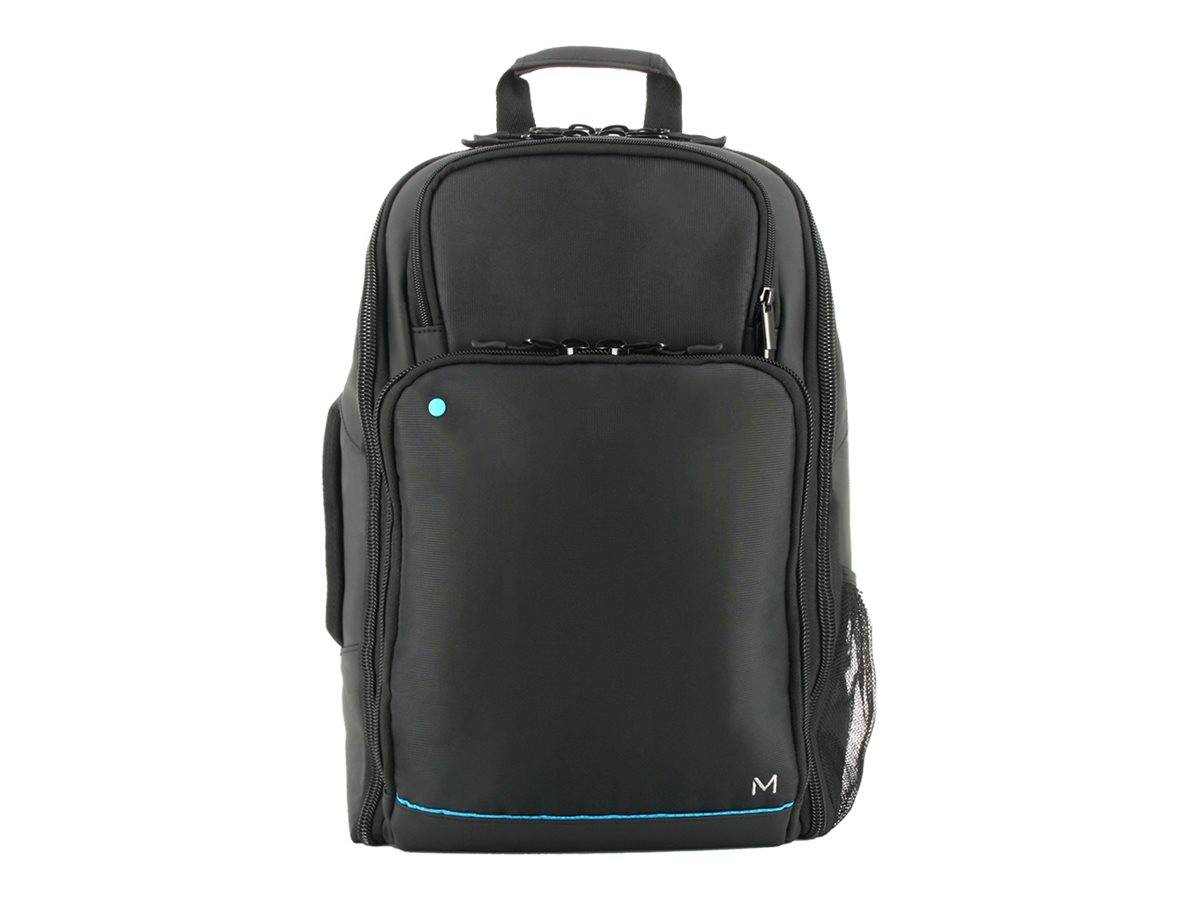 Schwarzer Rucksack mit Griffbügel oben, vorderer Reißverschlusstasche, seitliche Netztasche und blauer Akzentpaspel auf weißem Hintergrund.