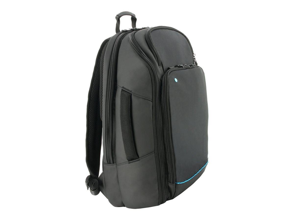 Schwarzer Rucksack mit Reißverschluss, gepolsterten Schultergurten und einer Vordertasche, gezeigt auf weißem Hintergrund.