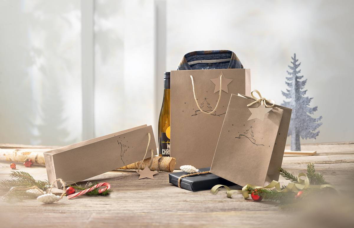 SIGEL Geschenktasche groß - beige - mit Bodeneinlage, Geschenkanhänger und farblich abgestimmten Tragekordeln