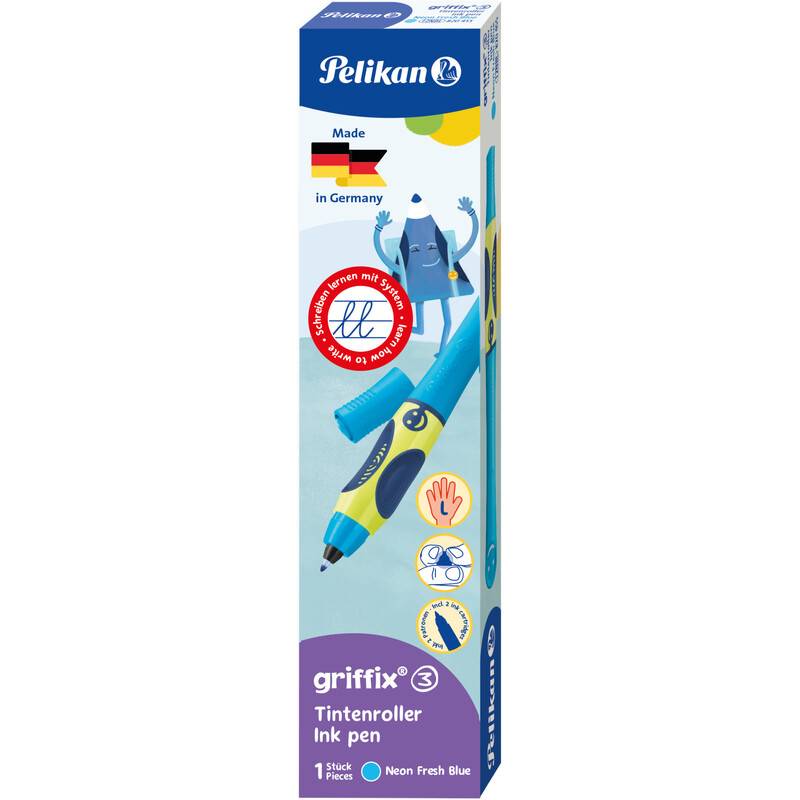 Verpackung eines Pelikan griffix Tintenfüllers mit blau-gelber Gestaltung. Hervorgehobene Merkmale sind ‚Made in Germany' und ‚Neon Fresh Blue'.