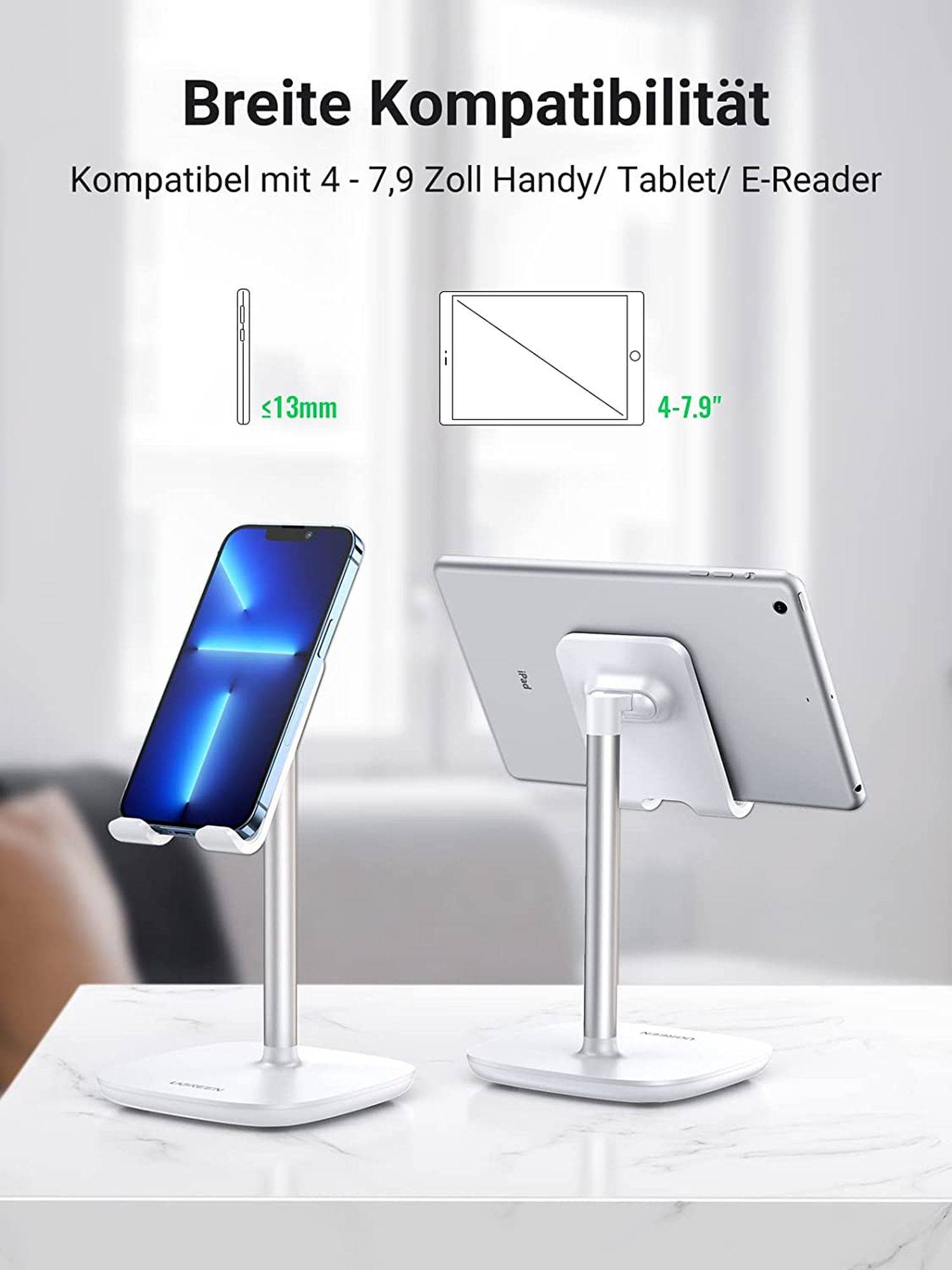 UGREEN LP177 Handyständer Tisch Handyhalter Einstellbarer Handyhalter Smartphone Stand für Smartphone Tablet weiß