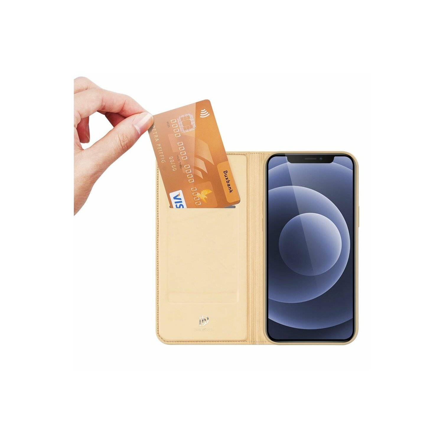 Buch Tasche "Dux Ducis" kompatibel mit iPhone 14 Plus Handy Hülle Etui Brieftasche mit Standfunktion, Kartenfach Gold