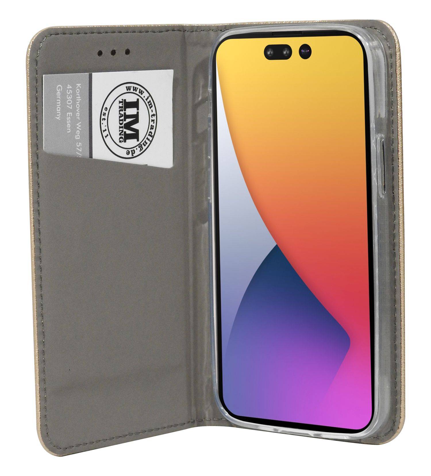 Buch Tasche "Smart" für iPhone 14 Handy Hülle Etui Brieftasche Schutzhülle mit Standfunktion, Kartenfach Gold