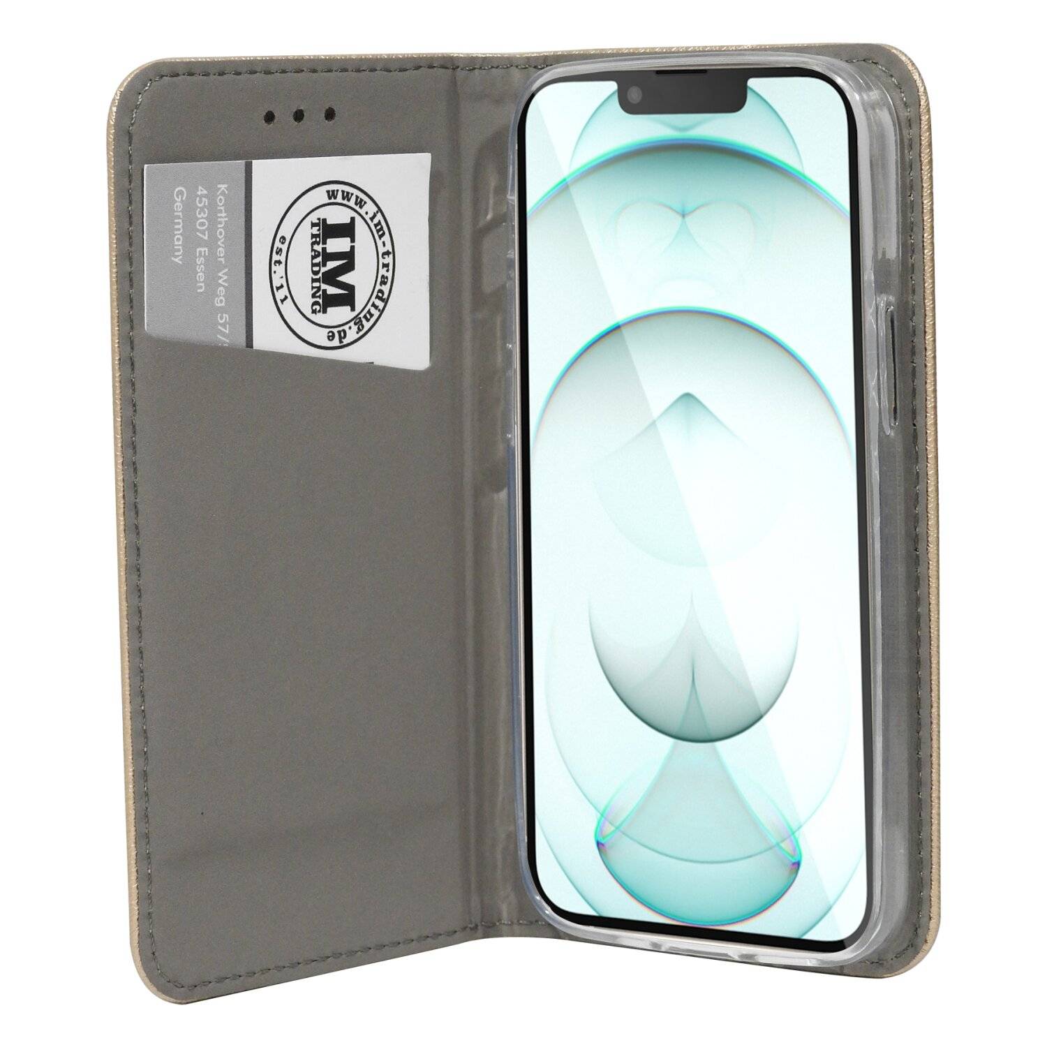 Buch Tasche "Smart" kompatibel mit iPhone 14 Plus Handy Hülle Etui Brieftasche mit Standfunktion, Kartenfach Gold