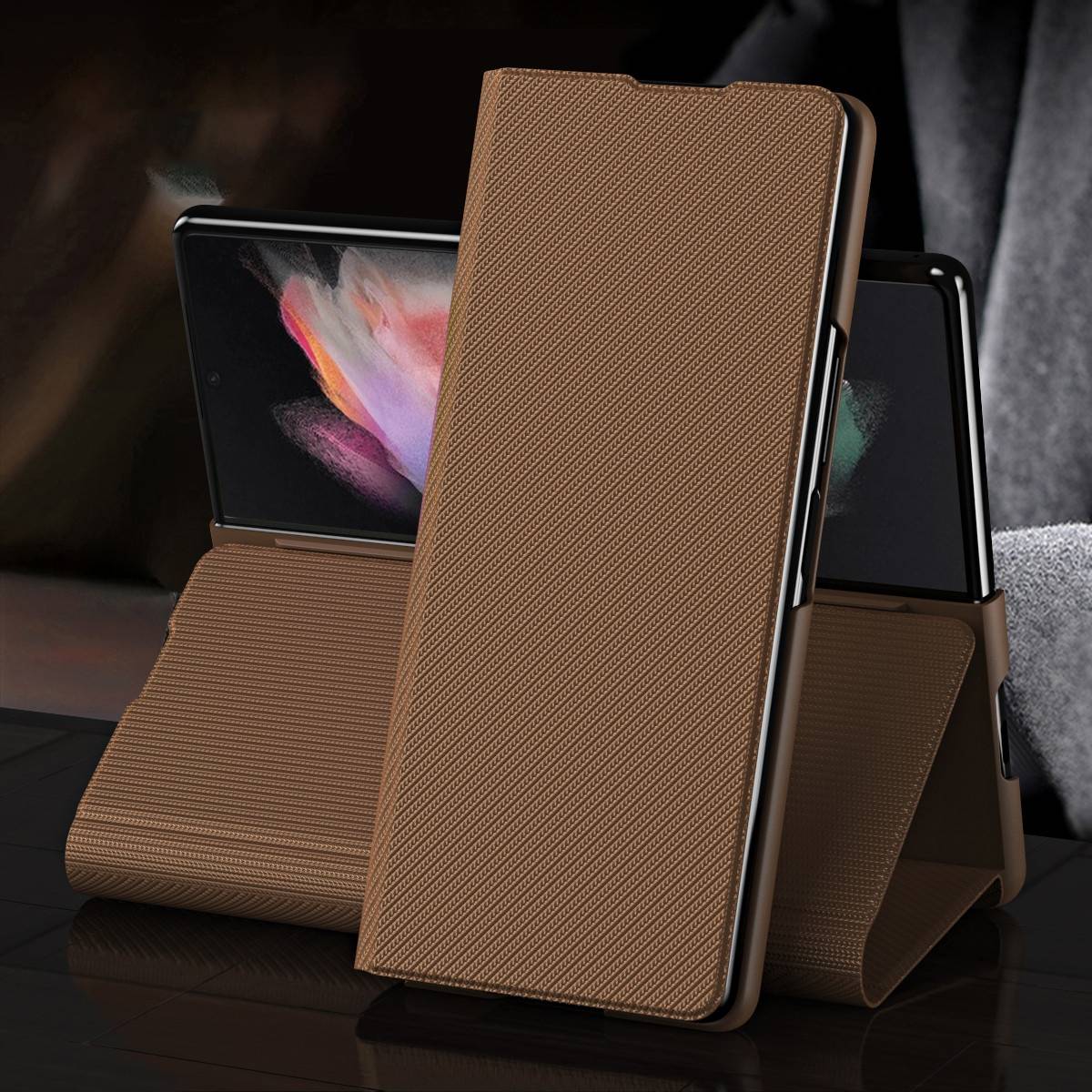 Für Samsung Galaxy Z Fold4 5G Kunstleder / Kevlar Style Kunststoff Handy Tasche Hülle Etuis Schwarz