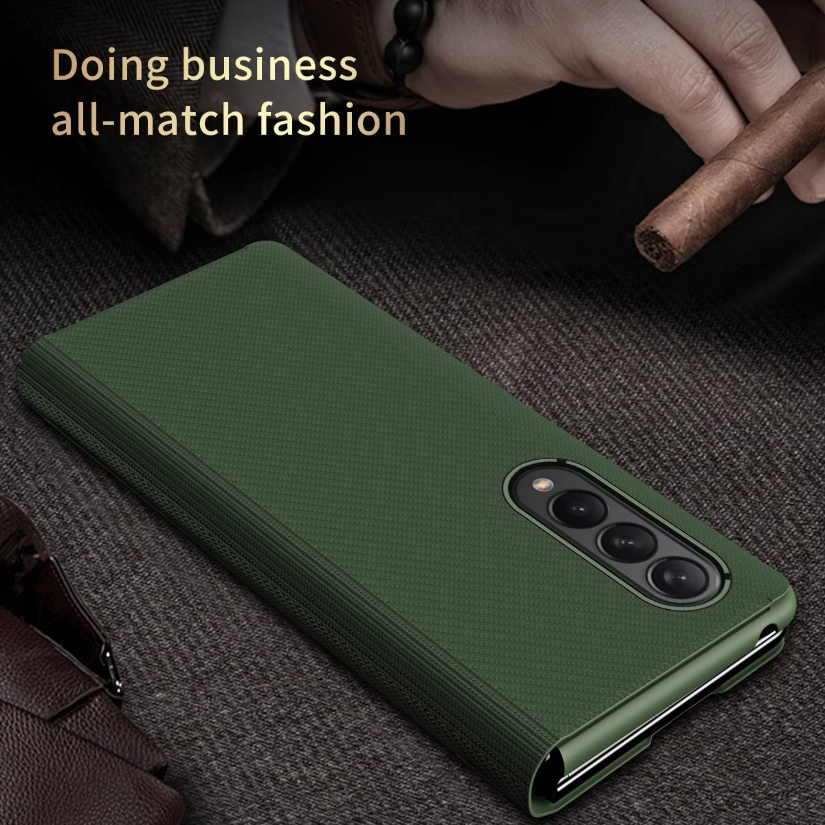 Für Samsung Galaxy Z Fold4 5G Kunstleder / Kevlar Style Kunststoff Handy Tasche Hülle Etuis Schwarz