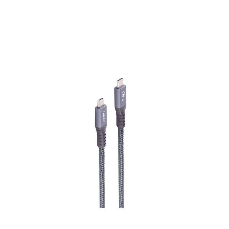 Zwei graue geflochtene Ladekabel mit USB-C-Anschlüssen, die auf weißem Hintergrund gezeigt werden.