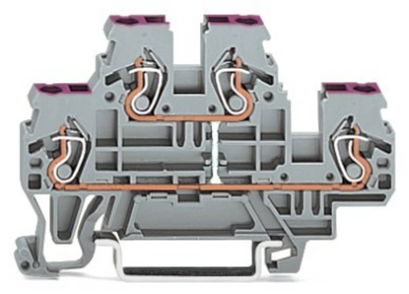Ein grauer modularer Klemmenblock mit mehreren Anschlusspunkten und orangefarbenen Metallkomponenten für elektrische Verdrahtungszwecke.