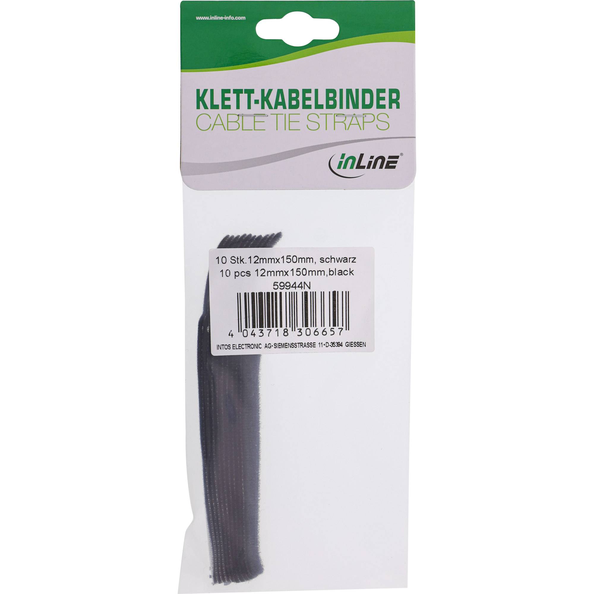InLine Klettkabelbinder mit Lasche 12x150mm - 10er - schwarz - Zubehör Kabel