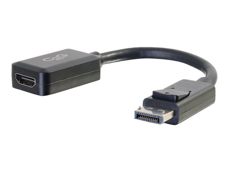Ein schwarzer HDMI zu DisplayPort Kabeladapter, der HDMI-Eingang und DisplayPort-Ausgang zeigt, verwendet zum Anschluss kompatibler Geräte.