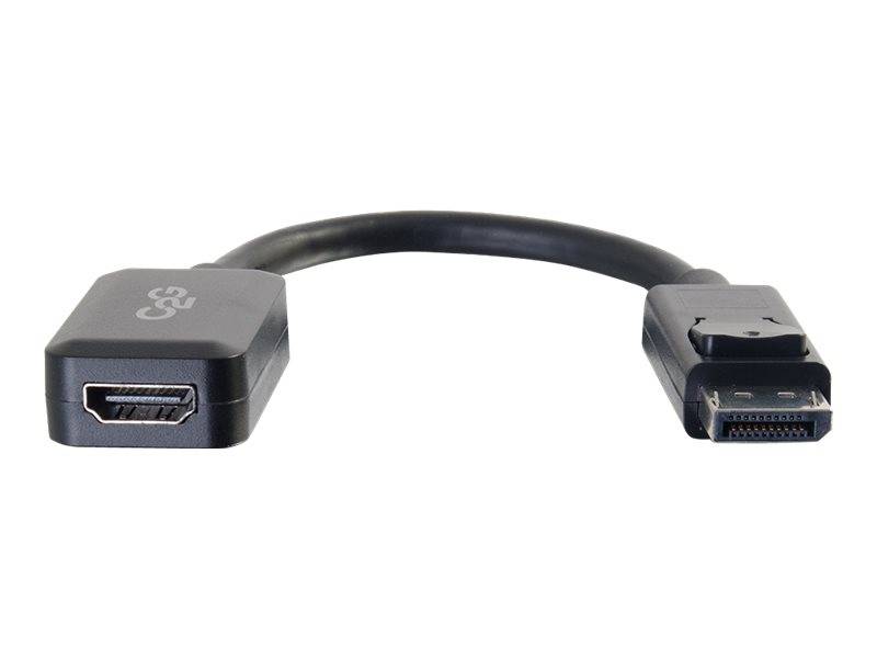Ein schwarzes HDMI-zu-DisplayPort-Adapterkabel, das vor einem weißen Hintergrund gezeigt wird, mit einem kurzen Schleifendesign und sichtbaren Anschlüssen an beiden Enden.