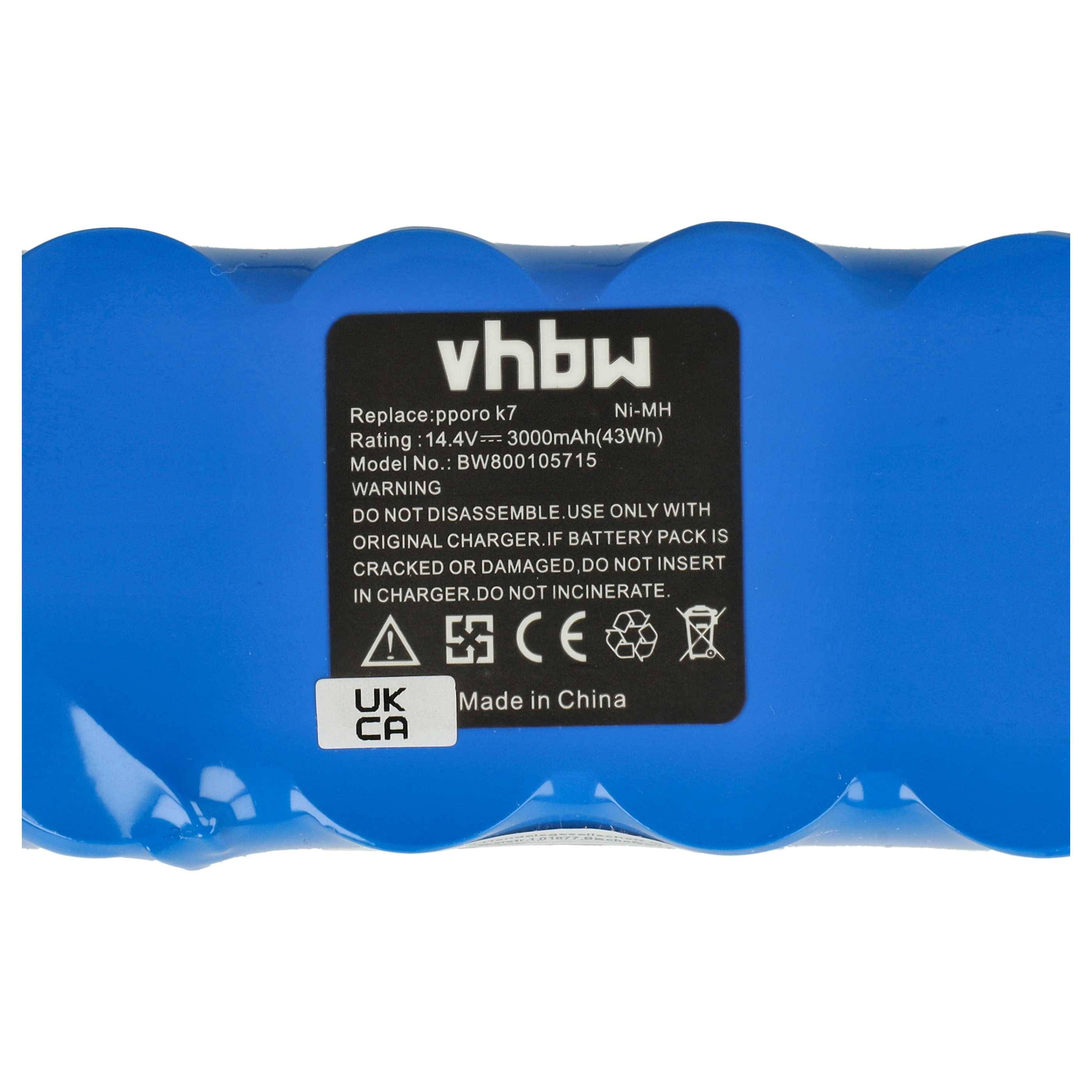 Ein blauer Akkupack mit der Bezeichnung 'vhbw', mit folgenden Spezifikationen: Ni-MH, 14,4V, 3000mAh. Warnhinweis empfiehlt ausschließlich das Originalladegerät zu verwenden. Hergestellt in China.