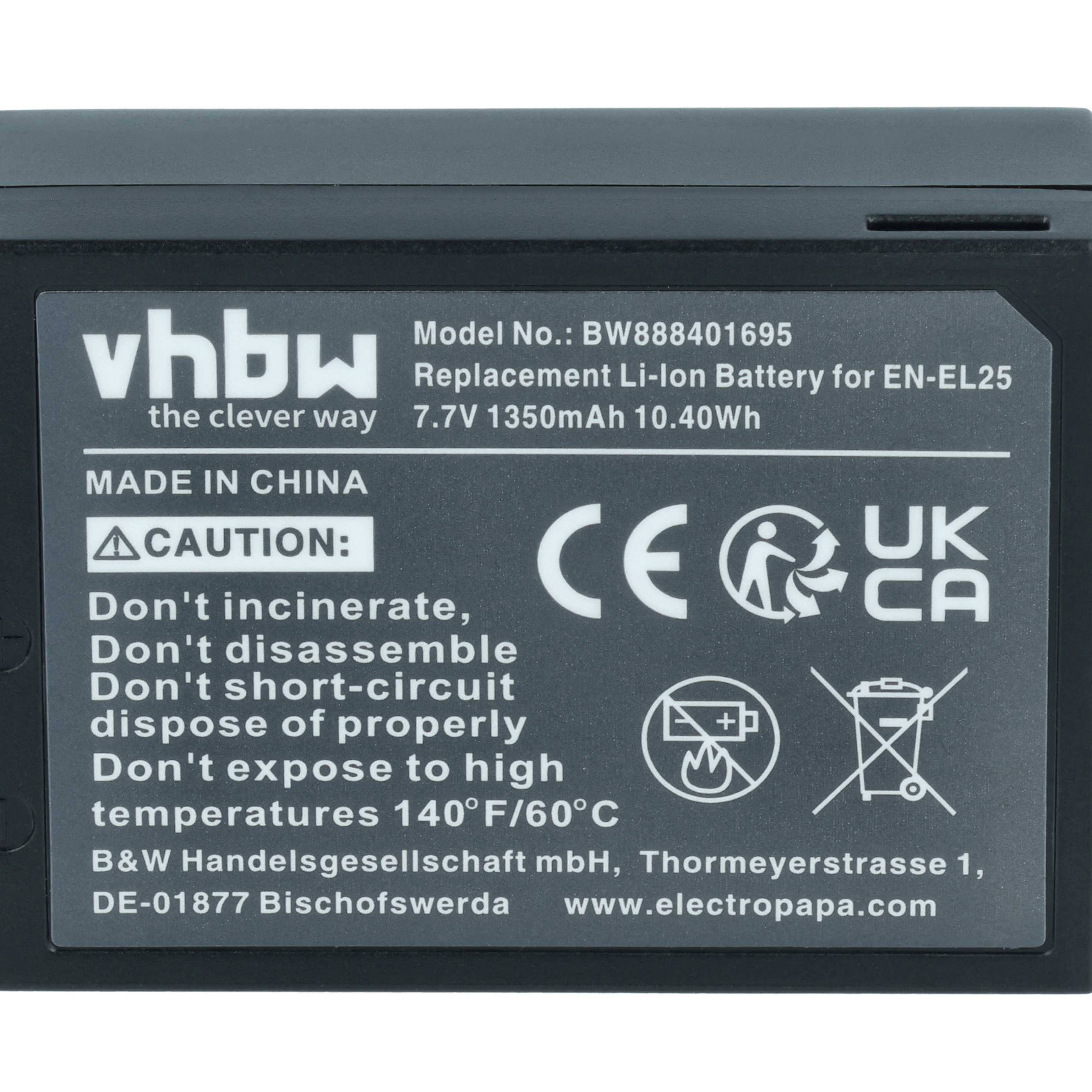 vhbw Akku kompatibel mit Nikon Z30, Z50, Z50 II, Z Fc Kamera (1350 mAh, 7,6 V, Li-Ion)