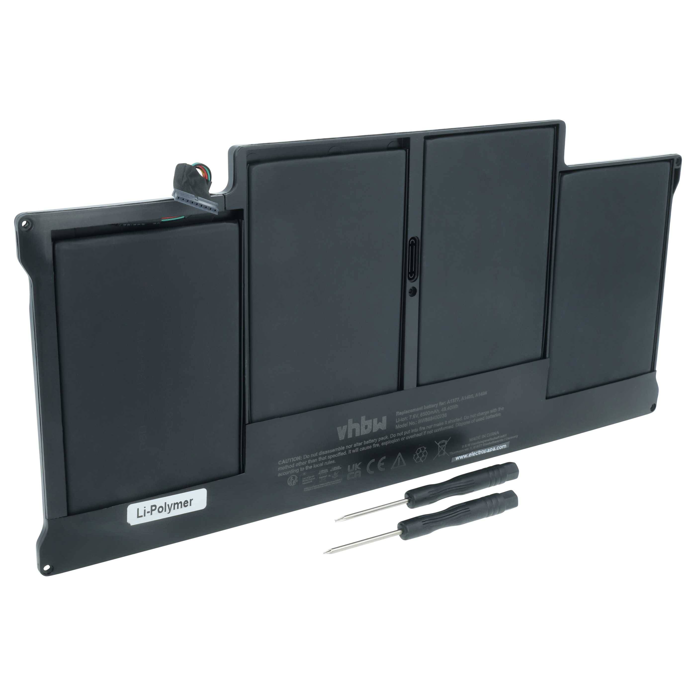Eine schwarze Lithium-Polymer-Laptop-Batterie mit drei Fächern, mit der Aufschrift „vhbw