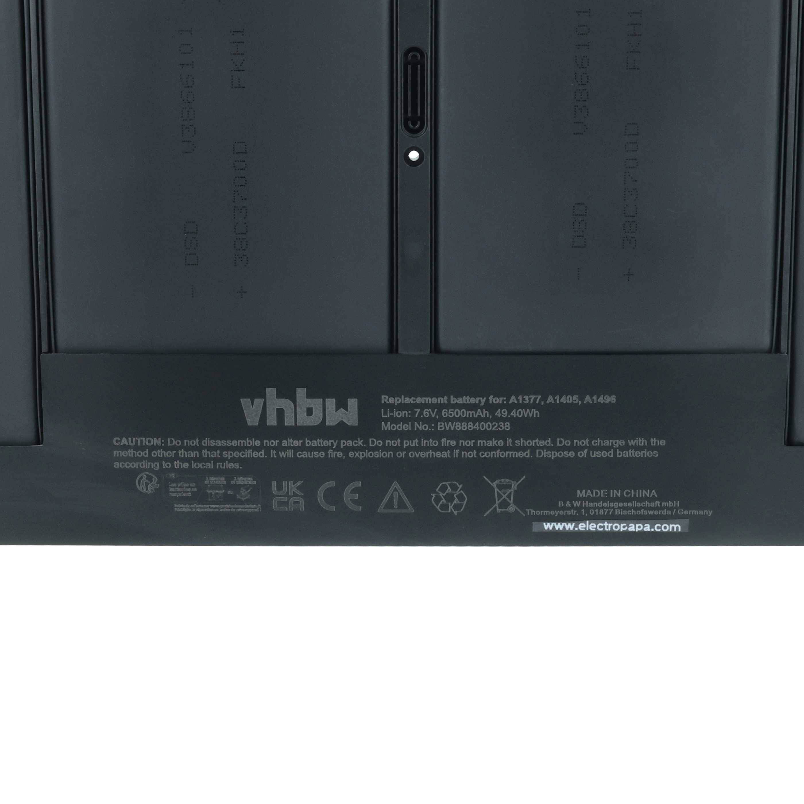 vhbw Laptop-Akkuersatz für A1377, A1405, A1496; 7,6 Volt, 55,40Wh, Li-Ion; zeigt Recycling- und Sicherheitssymbole.