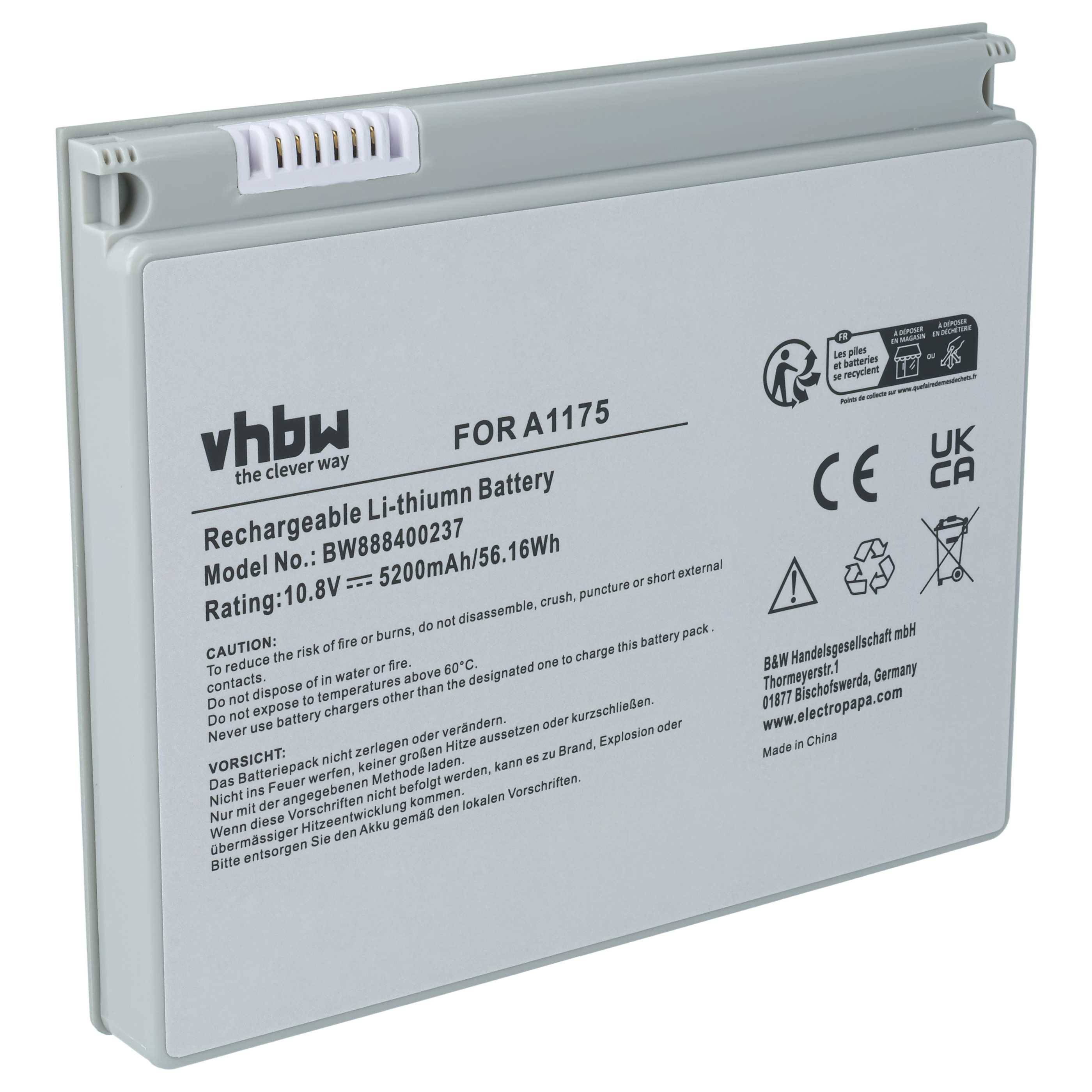 Graue wiederaufladbare Lithium-Ionen-Batterie mit Kennzeichnung für A1175, 10,8V 5200mAh, mit Sicherheits- und Zertifizierungsmarkierungen.