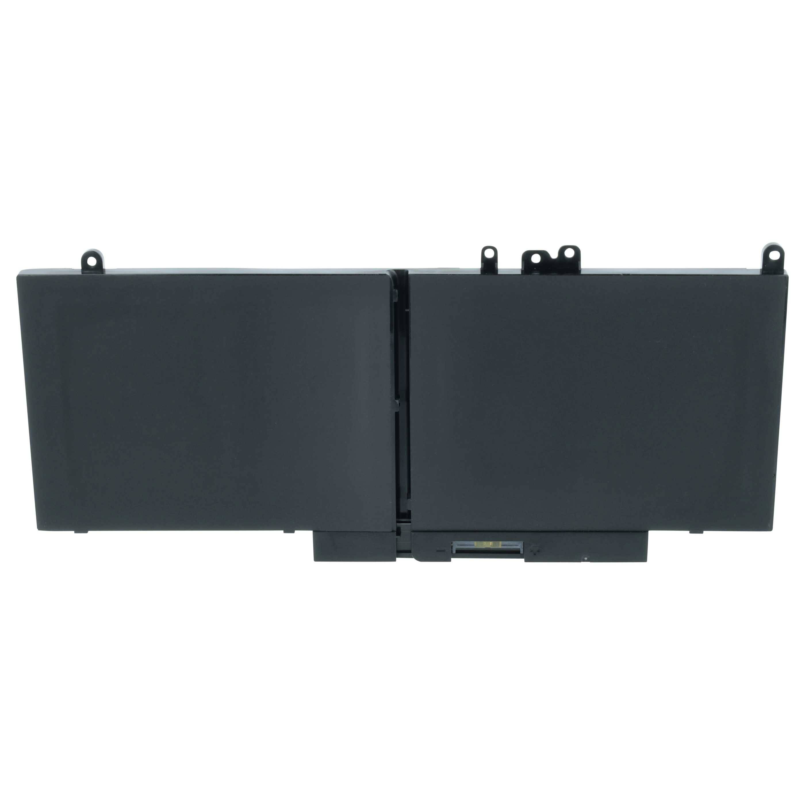 Eine schwarze Lithium-Laptopbatterie mit rechteckiger Form, mit drei Montagelaschen auf der Oberseite, entwickelt für elektronische Geräte.