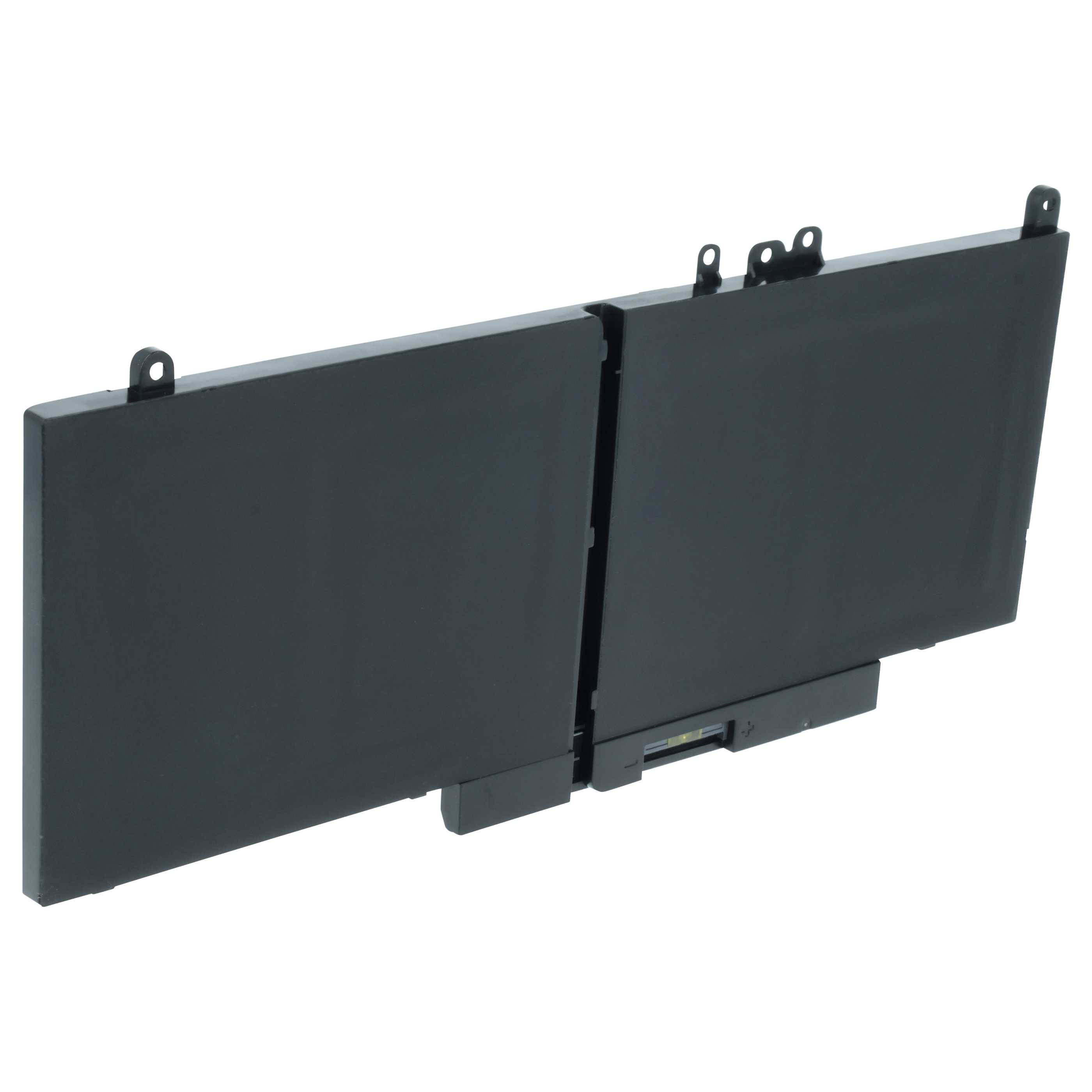 Eine schwarze, rechteckige Laptop-Batterie mit zwei verbundenen Abschnitten. Sie verfügt über Montageclips oben, was darauf hinweist, dass sie installationsbereit ist.