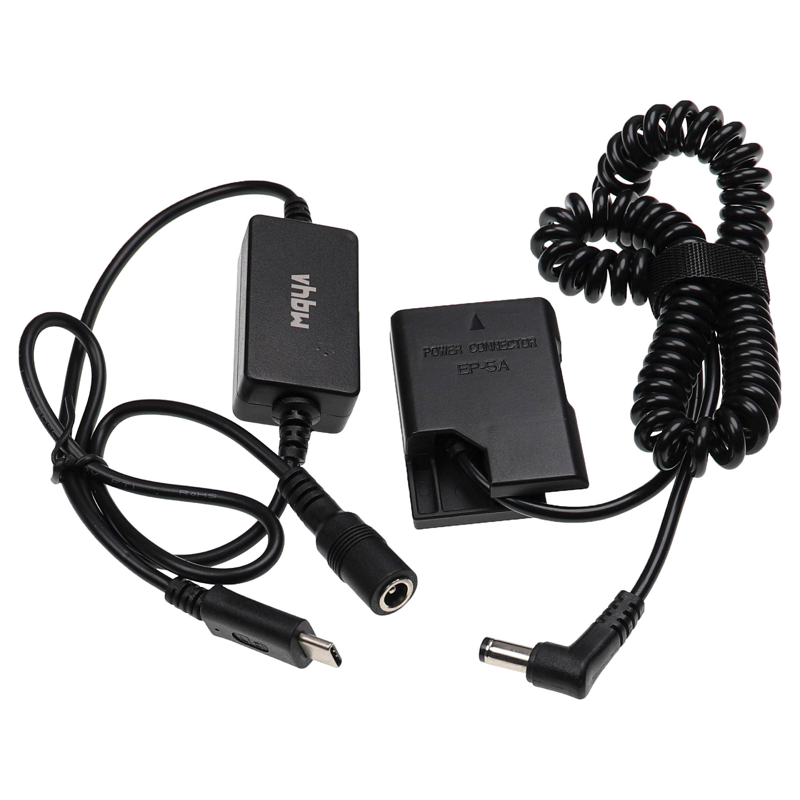 vhbw USB Netzteil kompatibel mit Nikon D8000, D800E, D810 Kamera, Digitalkamera + DC Kuppler (Ersatz für EP-5A), 2m, Spiralkabel
