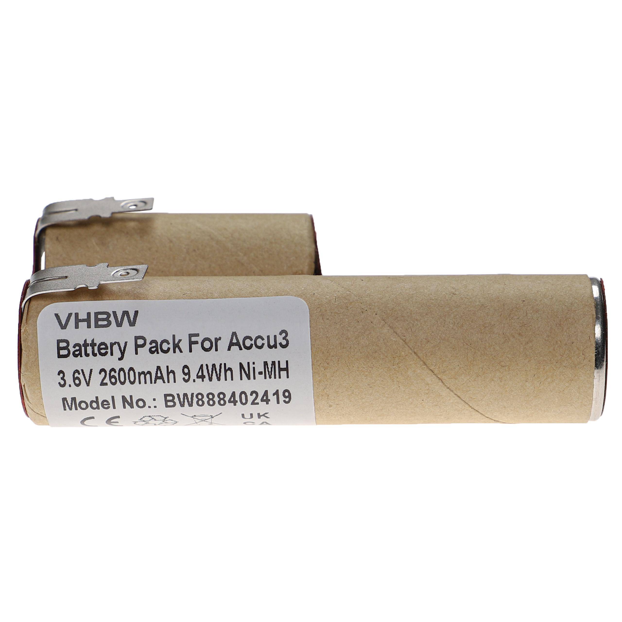 Zwei zylindrische Batteriezellen mit der Bezeichnung „VHBW Akku-Pack für Accu3, 3,6V 2600mAh 9,4Wh Ni-MH, Modellnr.: BW888402419