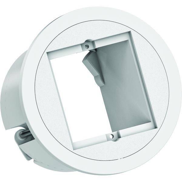 Ein rundes, weißes Kunststoffgehäuse mit einer rechteckigen Aussparung, möglicherweise für die Aufnahme einer elektrischen Steckdose oder eines Schalters, von vorne betrachtet.