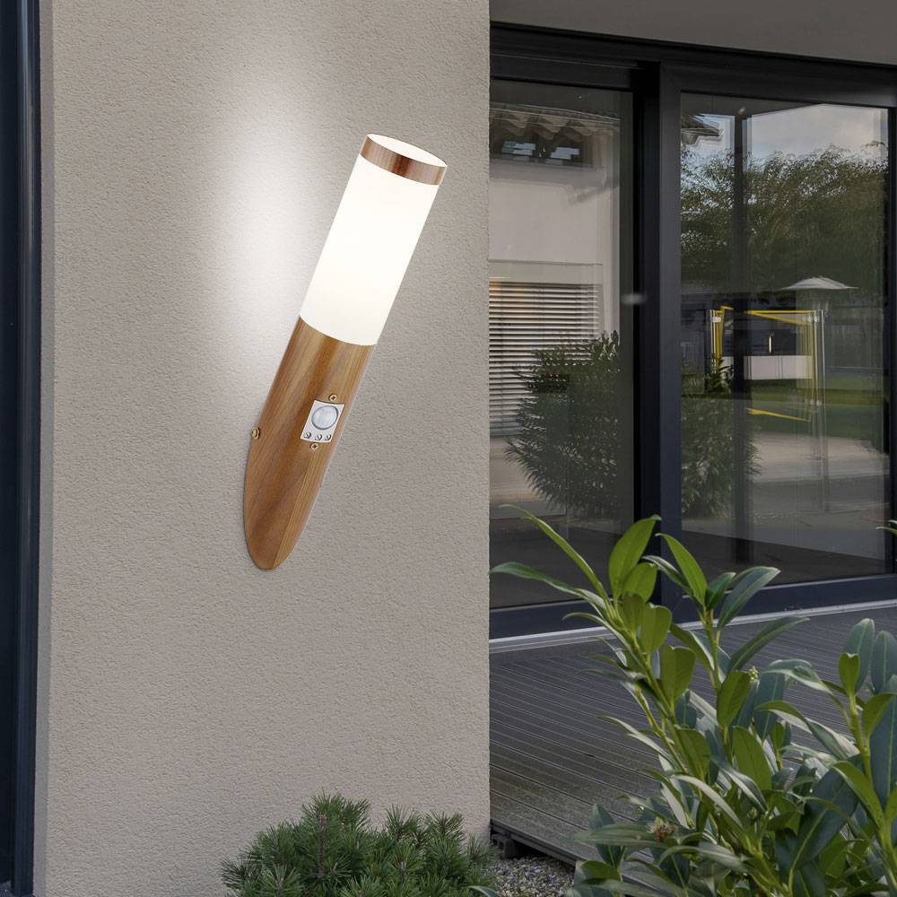 Außenleuchte Wandlampe Fackelleuchte mit Bewegungsmelder Fassadenbeleuchtung Wandleuchte, Edelstahl, Holzoptik, 1x E27, DxH 7,6 x 40,5 cm