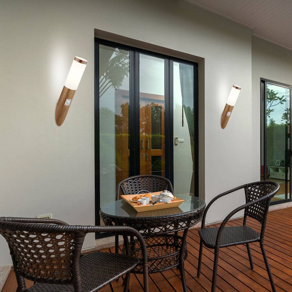 Außenleuchte Wandlampe Fackelleuchte mit Bewegungsmelder Fassadenbeleuchtung Wandleuchte, Edelstahl, Holzoptik, 1x E27, DxH 7,6 x 40,5 cm