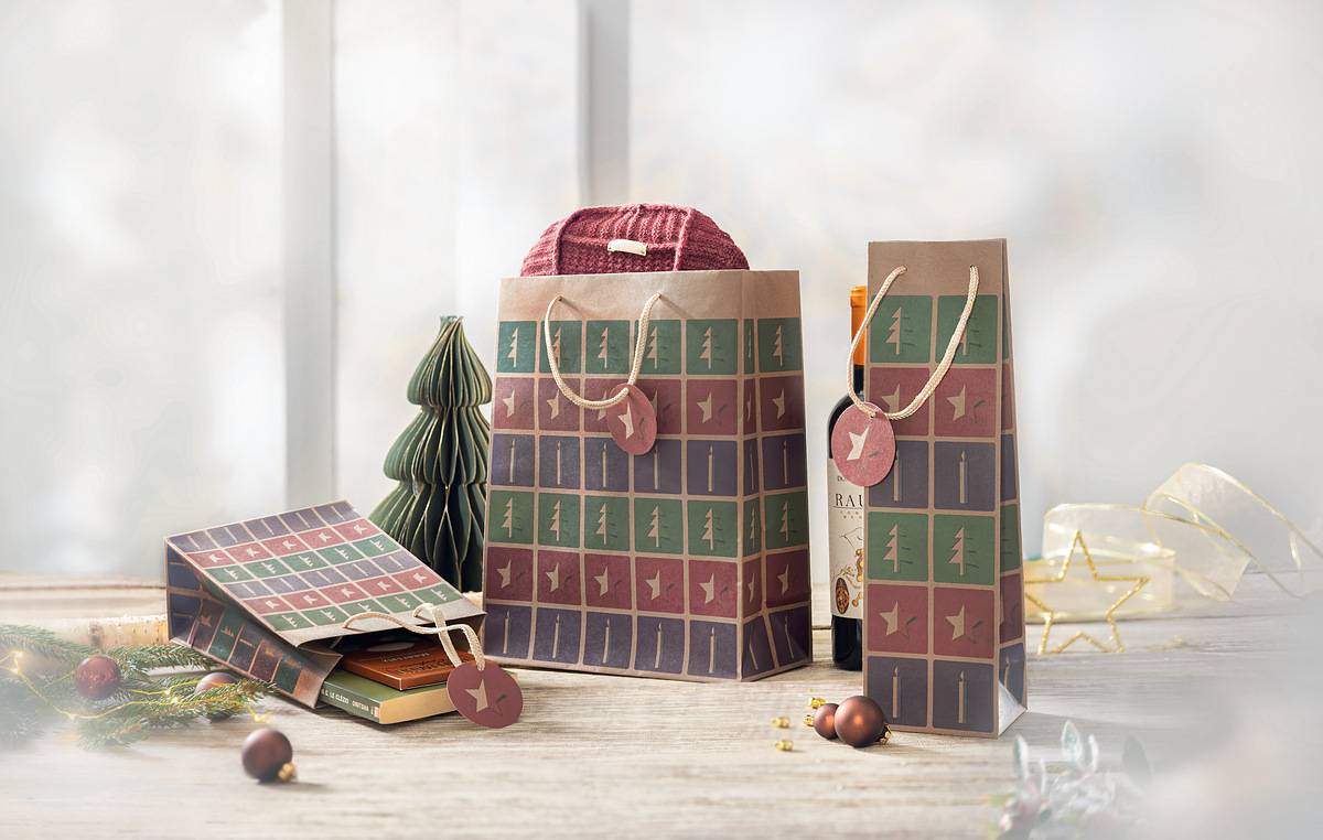 SIGEL Geschenktasche groß -grün, rot, violett -mit Bodeneinlage, Geschenkanhänger und farblich abgestimmten Tragekordeln