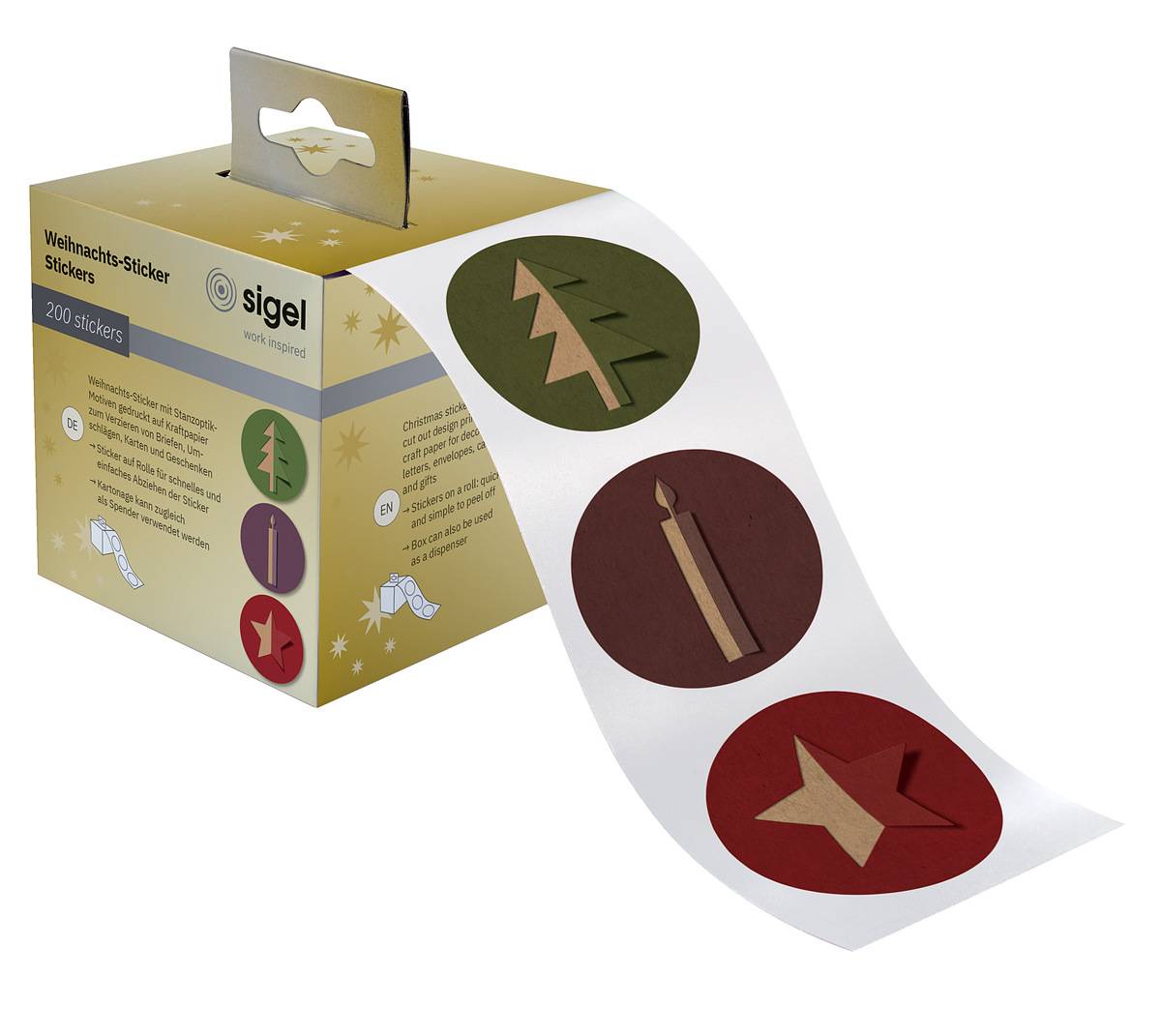 SIGEL Weihnachts-Sticker auf Rolle - 200 Sticker - 4,7 x 4,7 cm - "Cut-out style" - grün, rot, violett