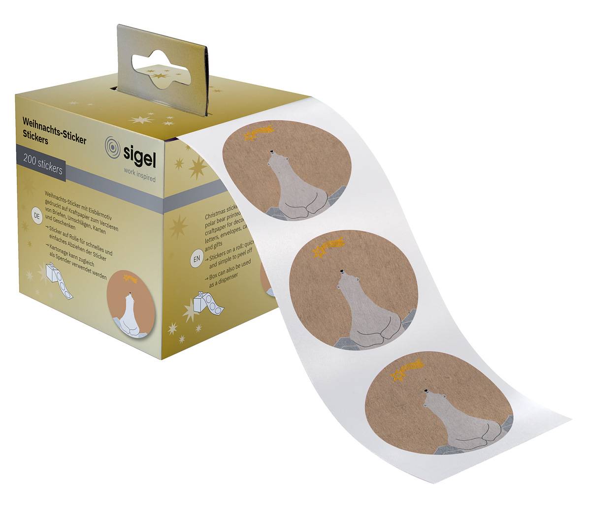 SIGEL Weihnachts-Sticker auf Rolle - 200 Sticker - 4,7 x 4,7 cm - "Polar bear with shooting star" - beige, weiß, gelb