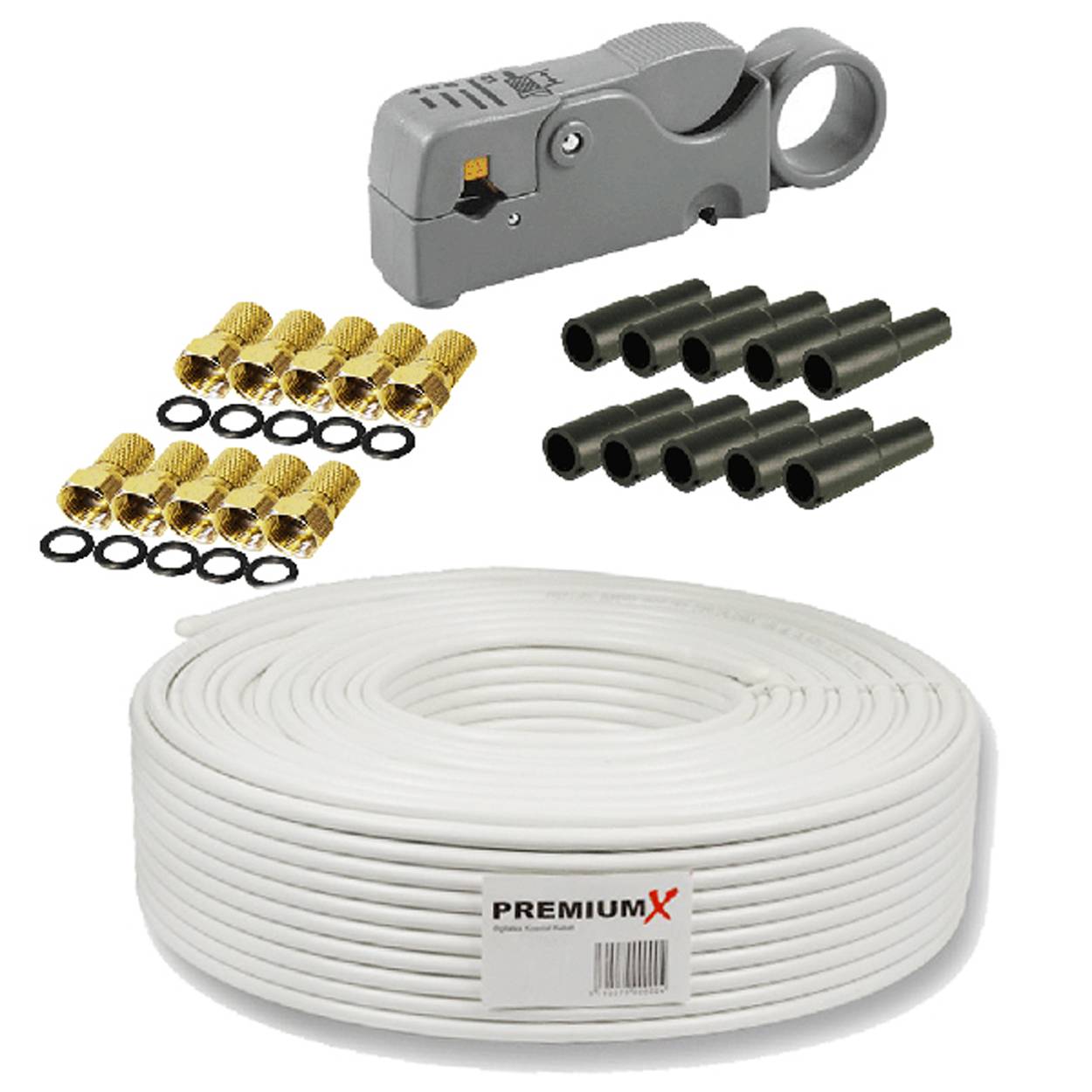 PremiumX 50m BASIC Koaxialkabel 135dB 4-fach SAT Antennenkabel Koax-Kabel Satellitenkabel Abisolierer 10x F-Stecker Tülle 0,46 €/m