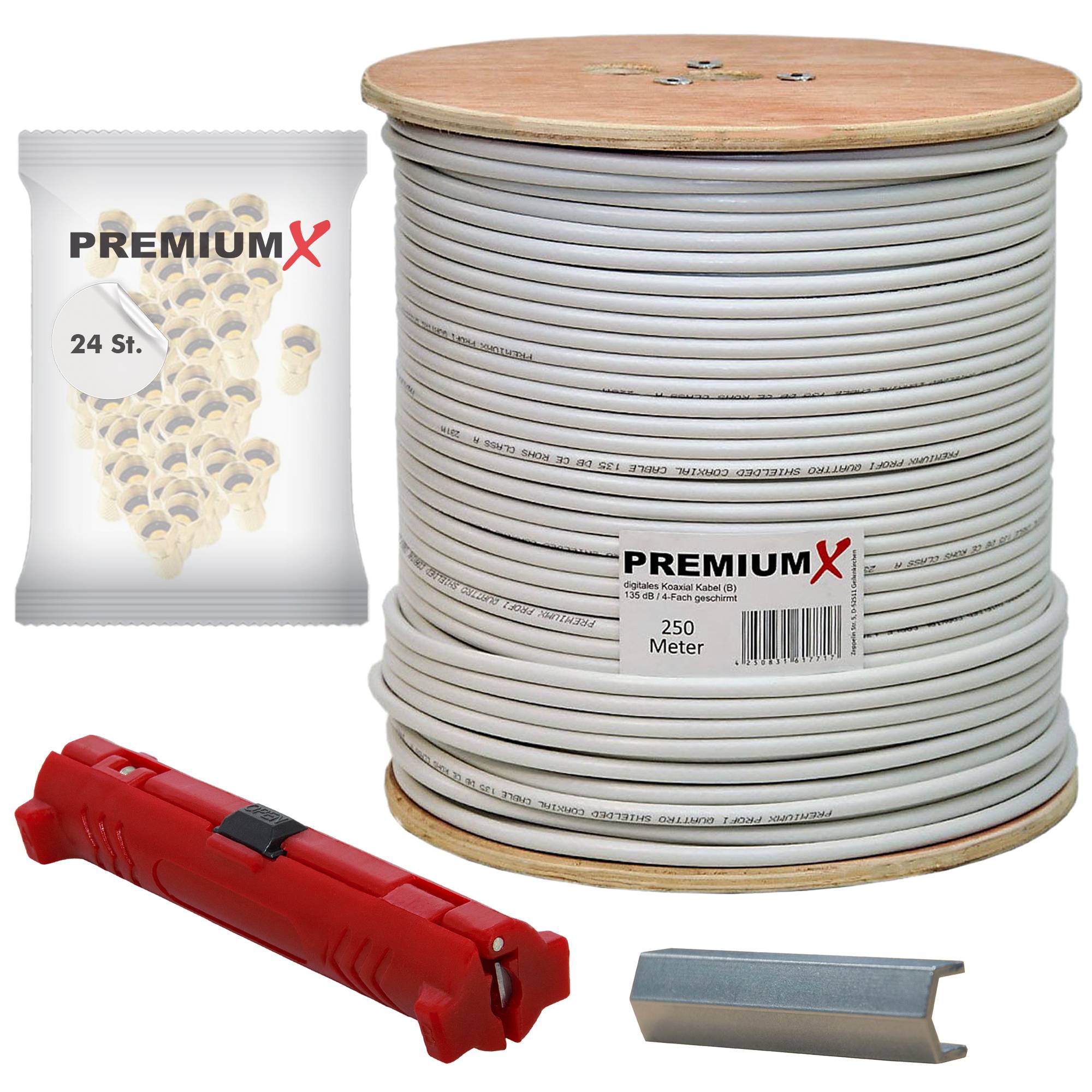 PremiumX 250m BASIC Koaxialkabel 135dB 4-fach SAT Antennenkabel Koax-Kabel Montage-Set 24x F-Stecker