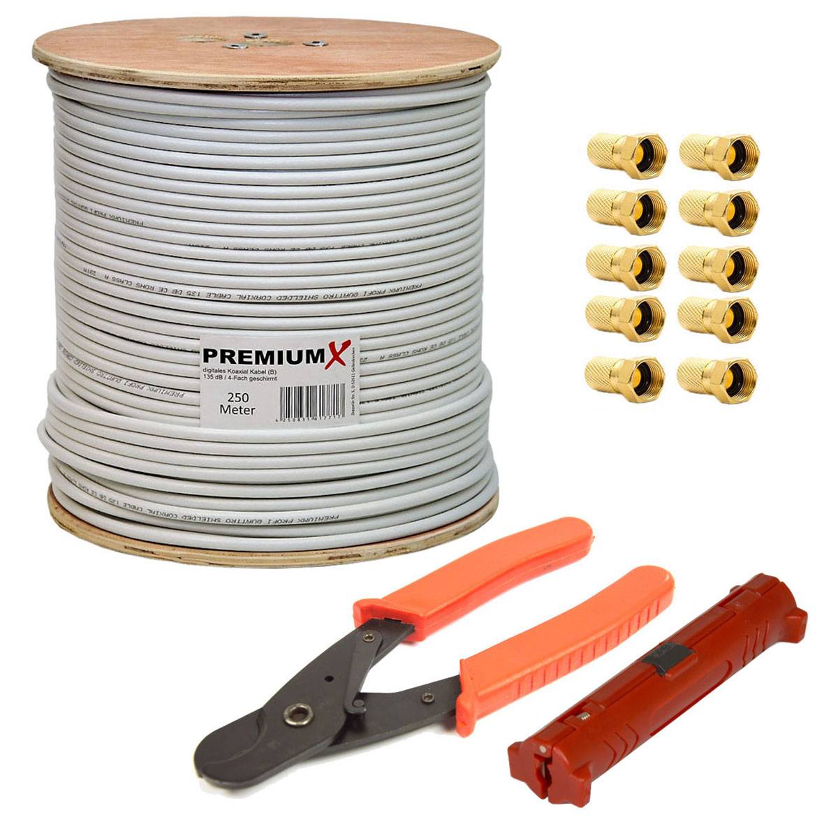 PremiumX 250m BASIC Koaxialkabel 135dB 4-fach SAT Antennenkabel Koax-Kabel Satelliten Montage-Set 0,28 €/m