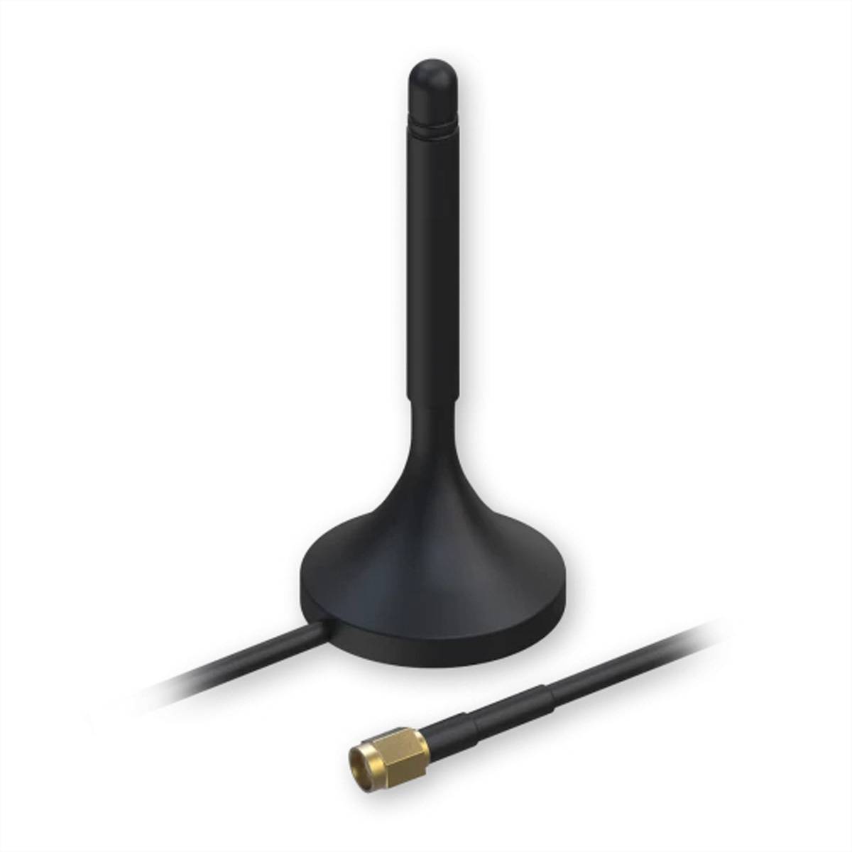Schwarze Magnetantenne mit Basis und angebrachtem Koaxialkabelstecker auf weißem Hintergrund.