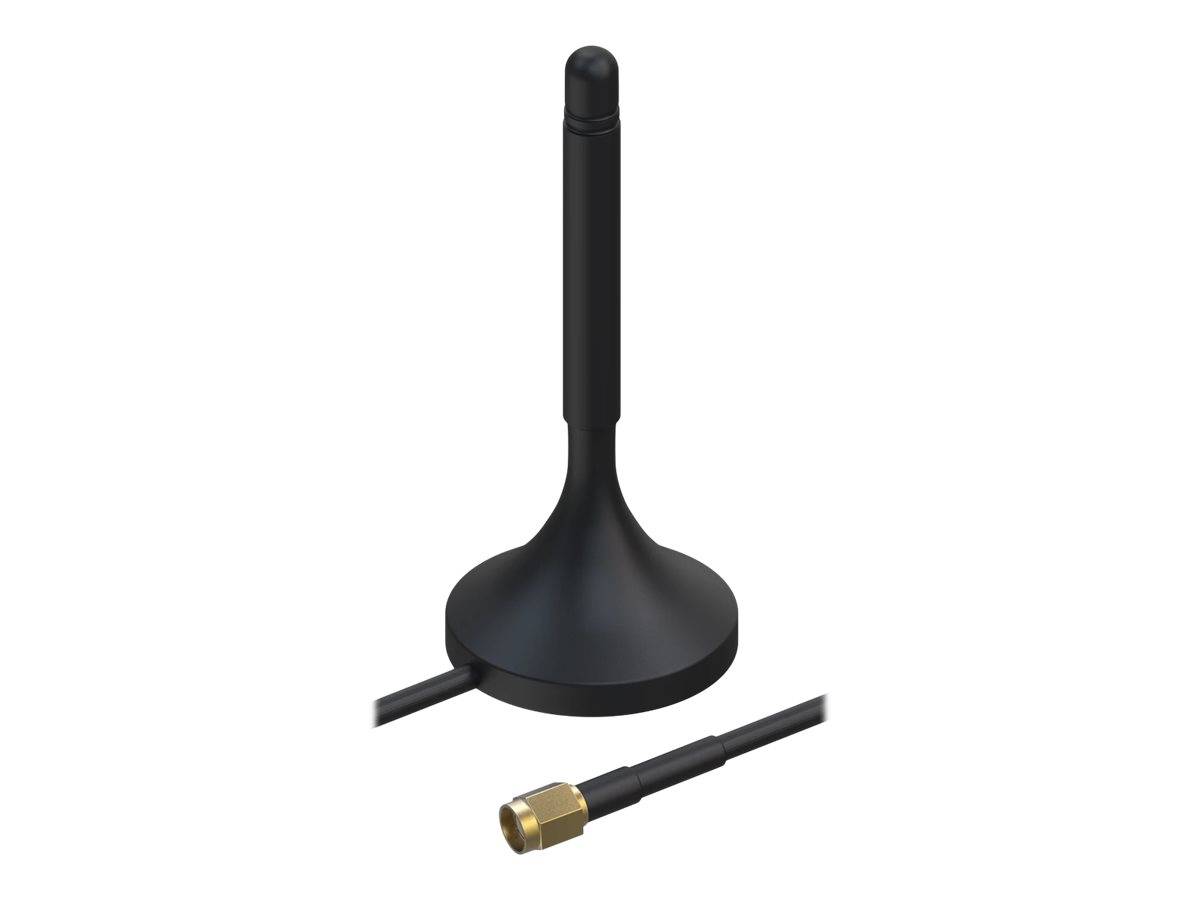 Schwarze Magnetantenne mit goldenem Steckerkabel auf weißem Hintergrund.
