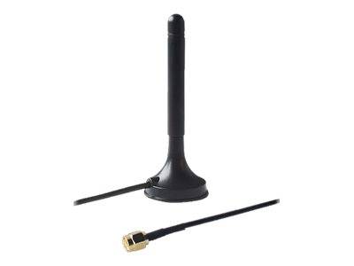 Schwarze kabellose Antenne mit Koaxialkabel und goldener Steckverbindung auf weißem Hintergrund.