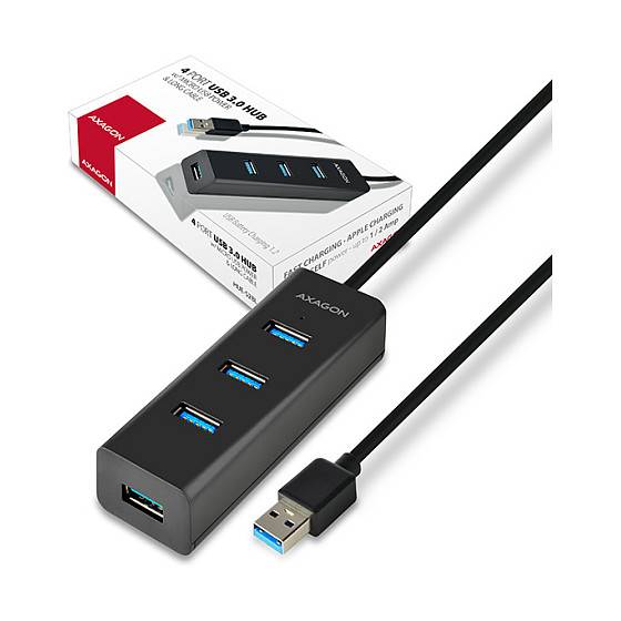 Schwarzer 4-Port-USB-3.0-Hub mit angeschlossenem Kabel und USB-Stecker, abgebildet neben seiner Verkaufsverpackung auf weißem Hintergrund.