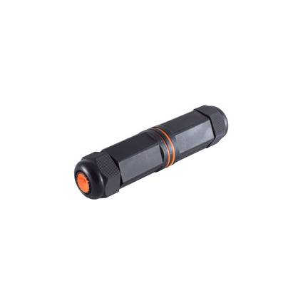 Schwarzer zylindrischer wasserdichter Steckverbinder mit orangefarbenen Dichtungsringen, gezeigt auf weißem Hintergrund.