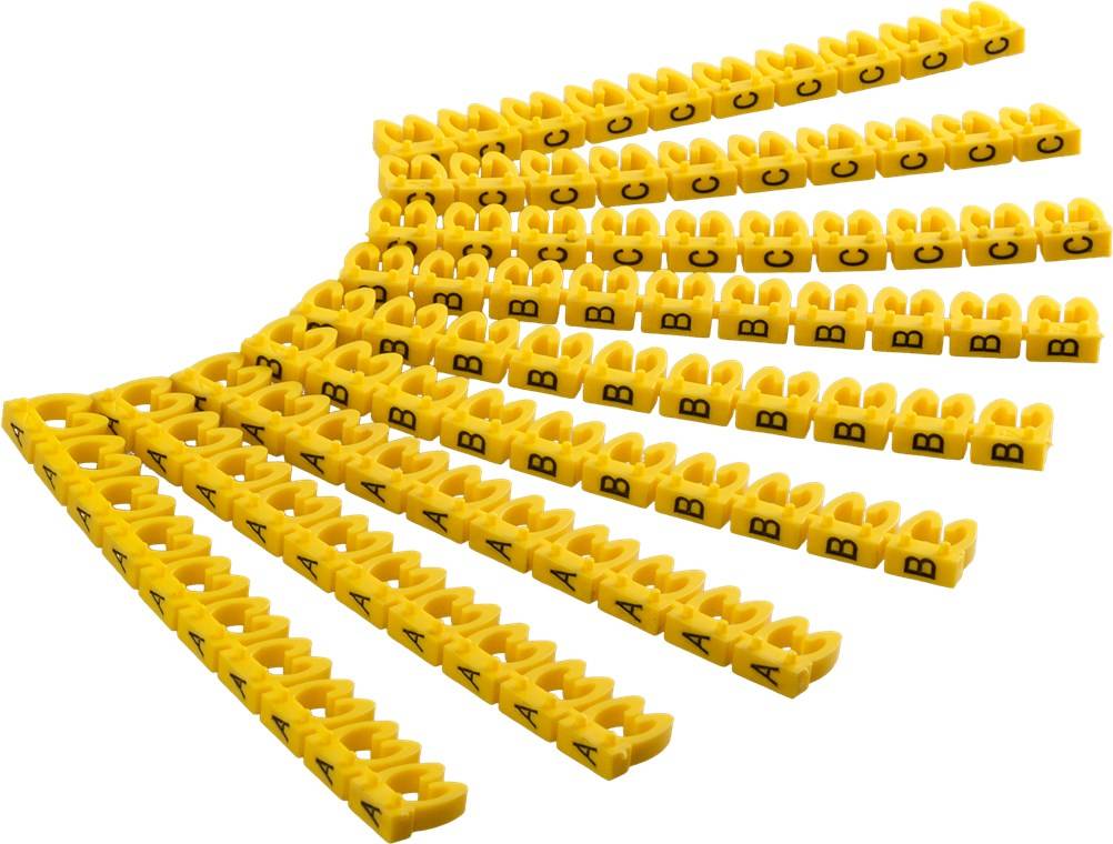 Kabelmarker-Clips / Kennzeichnungsringe, Buchstaben A-C, gelb, 3x 30 Stück - für Kabeldurchmesser von ca.: 2,5-4 mm