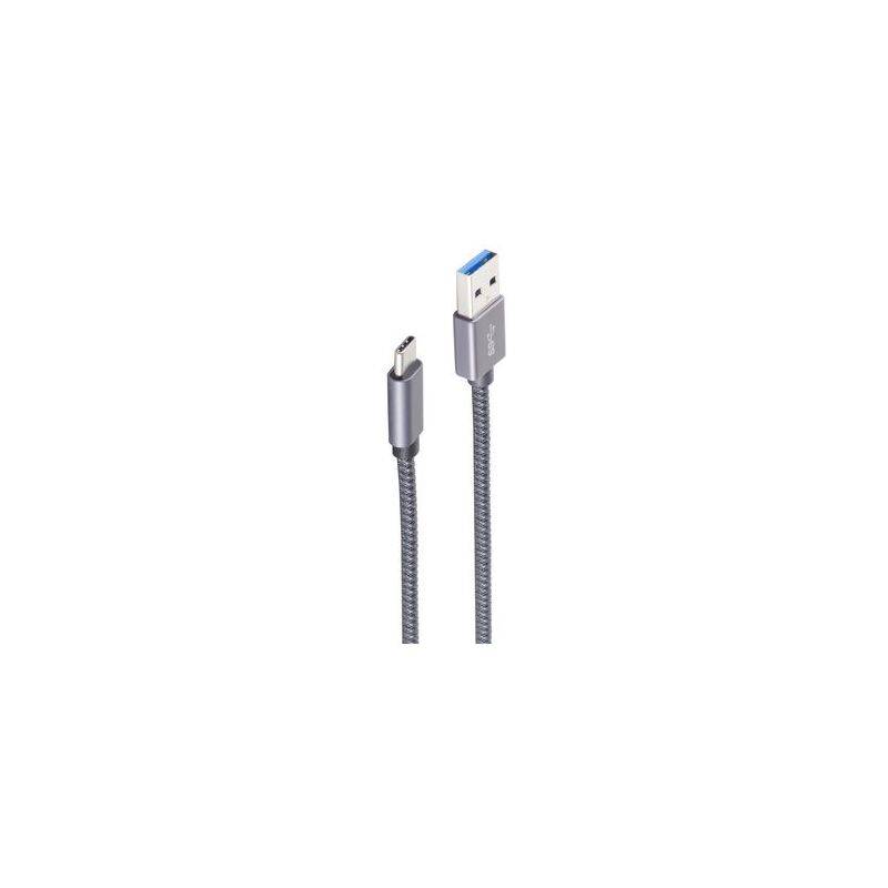 Geflochtenes USB-Kabel mit USB-A-Stecker und USB-C-Anschluss auf weißem Hintergrund dargestellt.