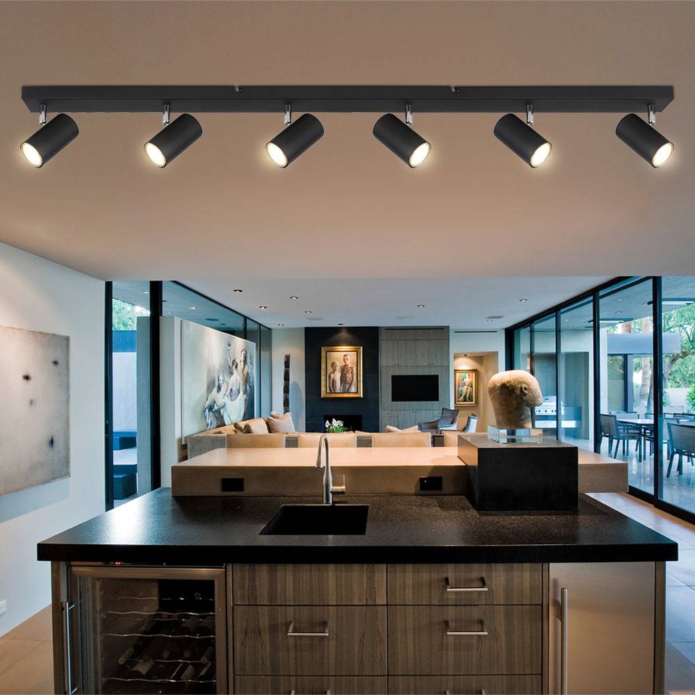 Deckenleuchte Spotleiste Deckenstrahler 6-flammig Wohnzimmerleuchte, Deckenlampe mit verstellbaren Spots, Metall schwarz, 6x GU10, LxBxH 115x6x12 cm
