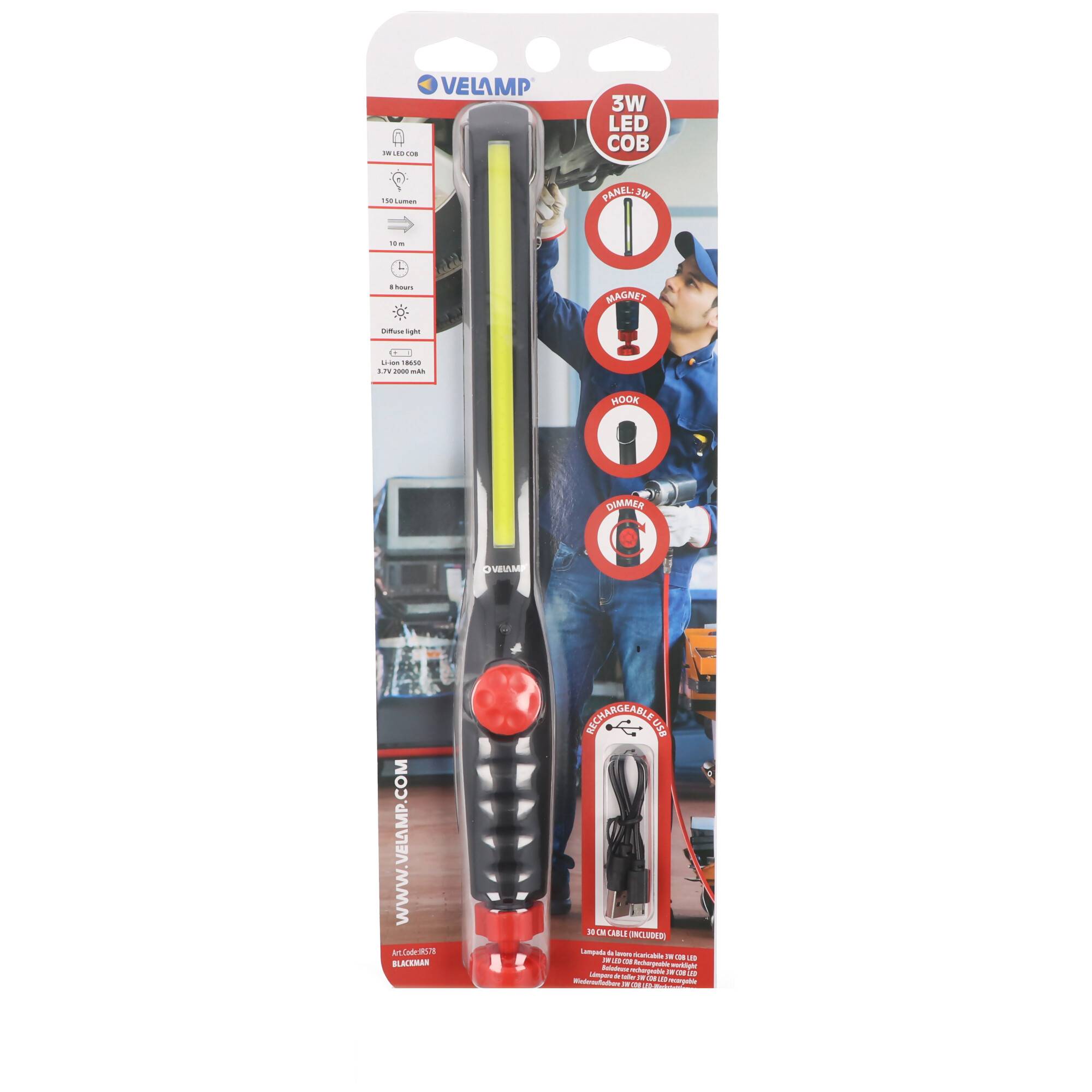 Velamp BLACKMAN: Extra schmale wiederaufladbare 3-W-COB-LED-Arbeitsleuchte