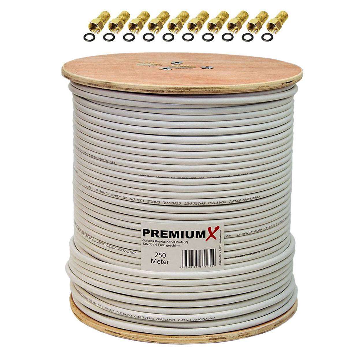 PremiumX PROFI 250 m Koaxialkabel 135 dB 4-Fach geschirmt CU reines Kupfer Satelliten Koaxkabel Antennenkabel Digital SAT TV Koax Kabel RG-6 Class