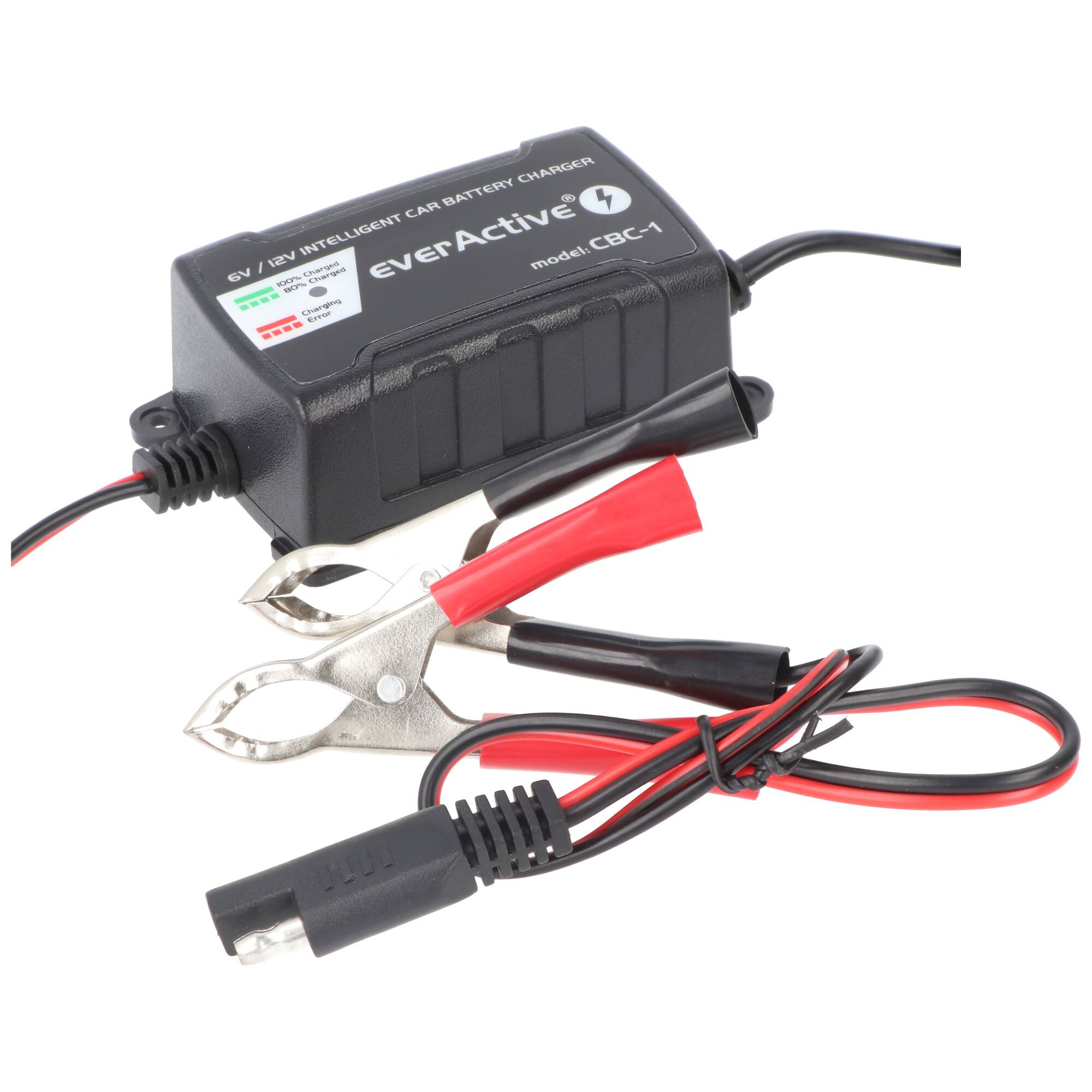 Schwarzer EverActive 6V/12V intelligentes Autobatterieladegerät mit roten und schwarzen Krokodilklemmen und Stromkabel auf weißem Hintergrund.