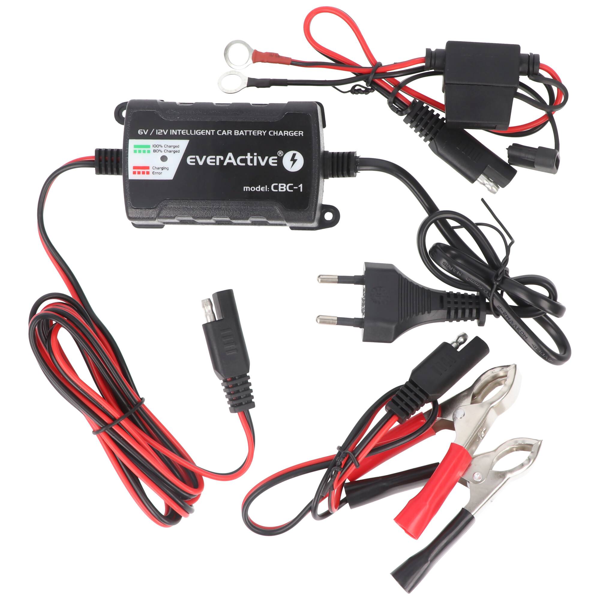 everActive CBC-1 intelligentes 6V/12V Autobatterieladegerät mit Stromstecker, Klemmleitungen und Verbindungskabeln auf weißem Hintergrund