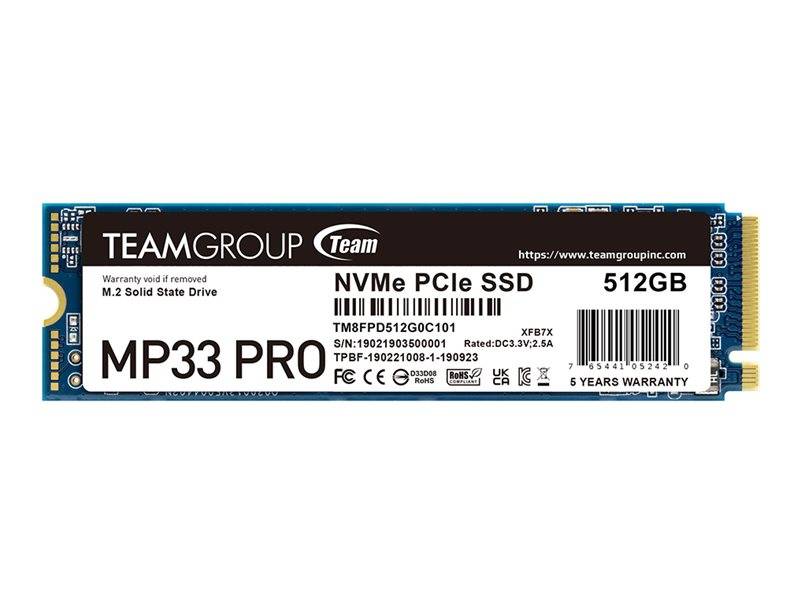 TeamGroup MP33 Pro 512GB NVMe PCIe SSD, ein M.2-Solid-State-Laufwerk, dargestellt auf weißem Hintergrund.