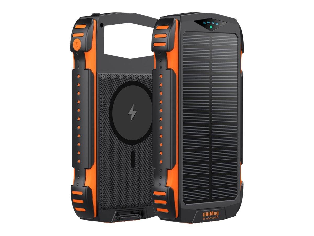 Tragbare robuste Solarpower Bank mit ausklappbaren Solarpanels, orangefarbenen Akzenten und integriertem kabellosem Ladepad auf weißem Hintergrund