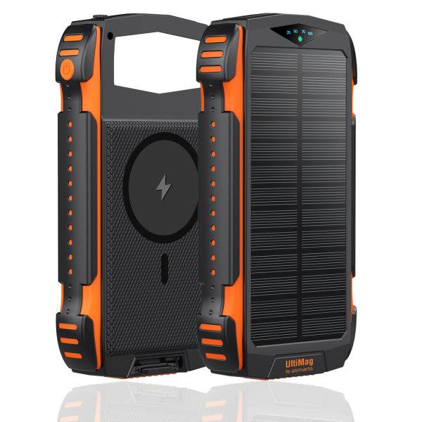Schwarze und orange strapazierfähige tragbare Solarstrombank mit integrierter Taschenlampe und kabelloses Ladegerät, von vorne und hinten gezeigt.