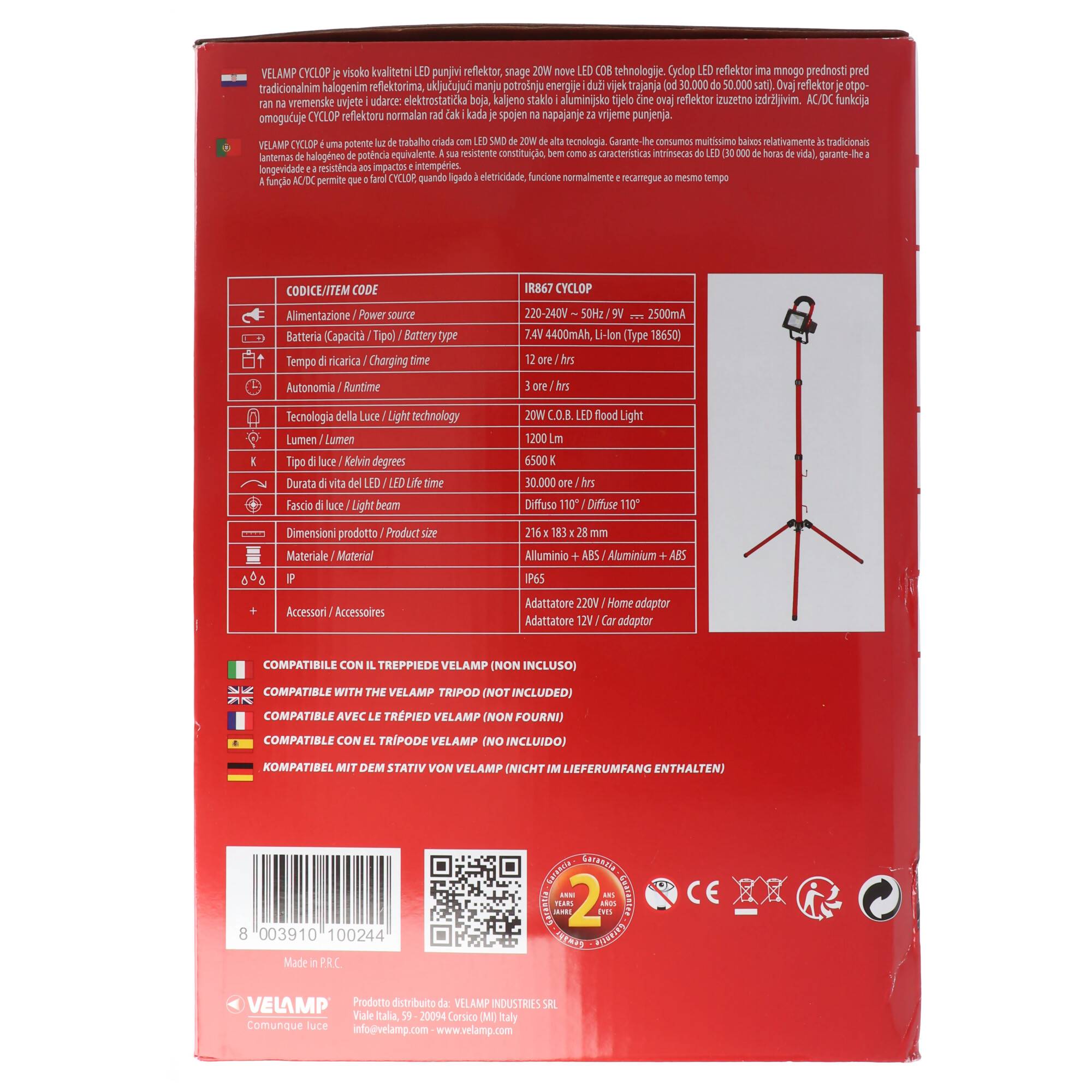 Velamp CYCLOP Akku-Baustrahler LED COB 20W 1200 Lumen mit 12V und 240V Ladegerät